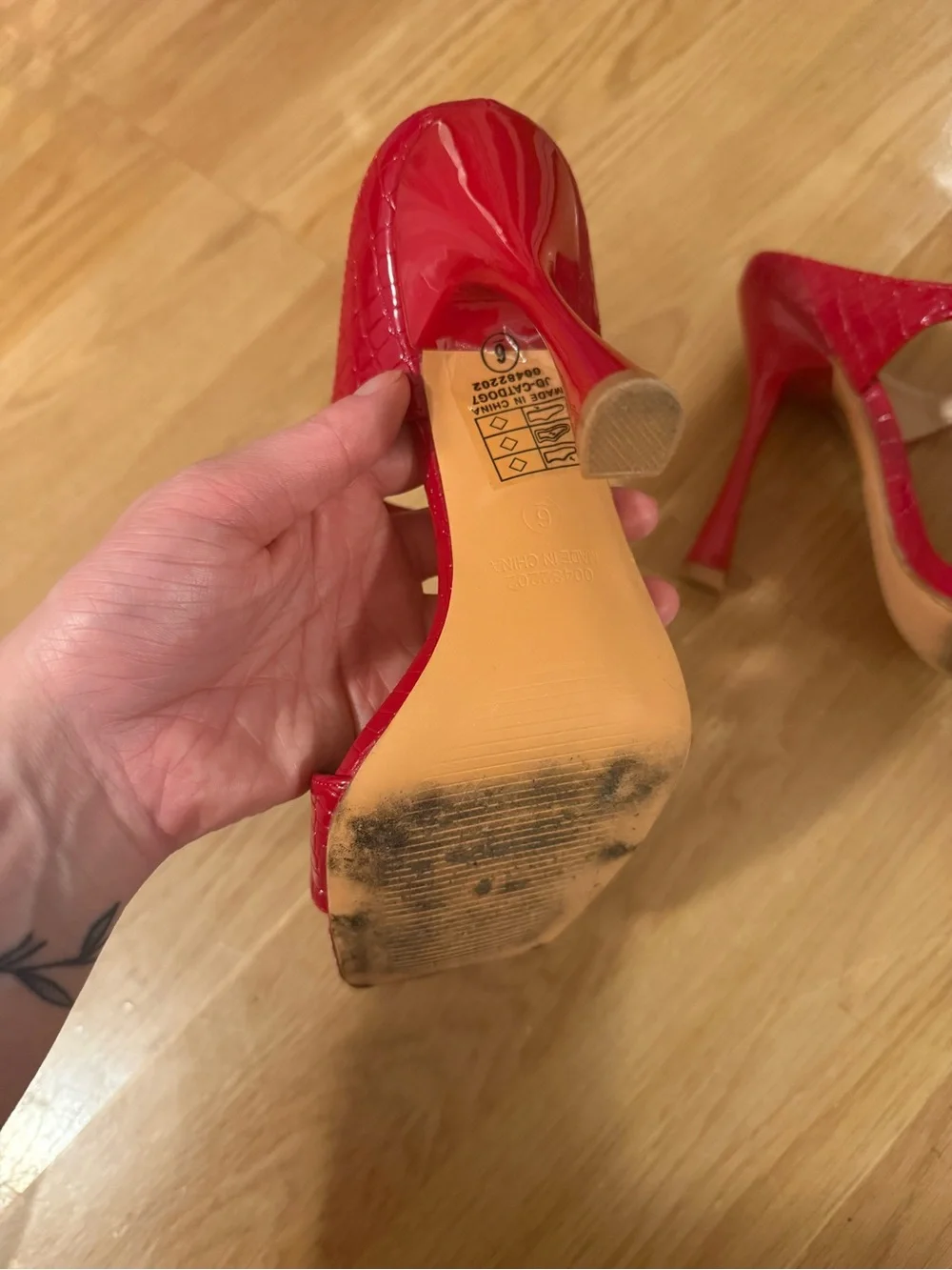 So Me Red Croc-Embossed Square-Toe Strap Heels